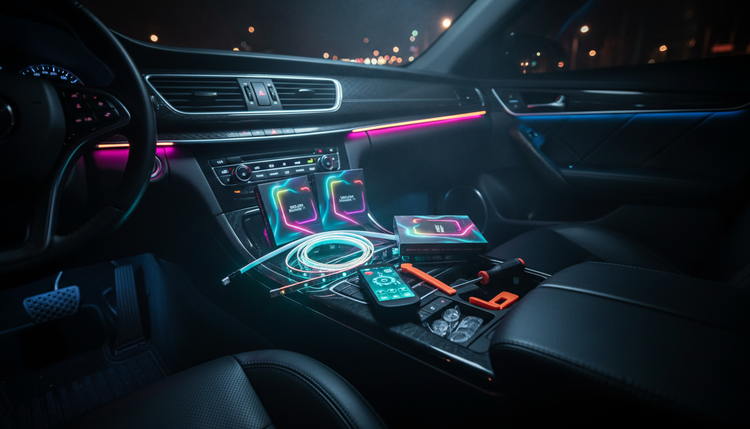 LED install kit with fiber-optic line, controller, and trim tools on a car console